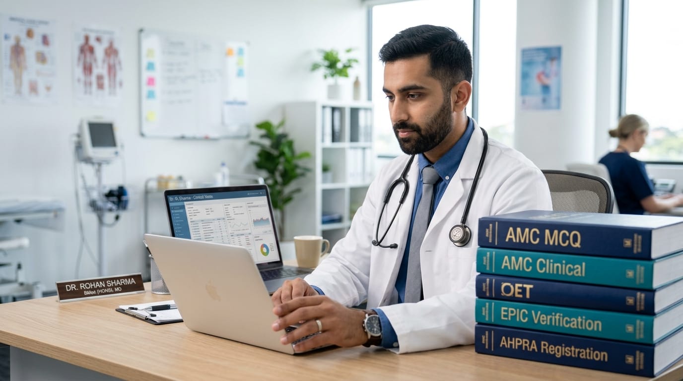 Doctor preparing for AMC MCQ & Registration